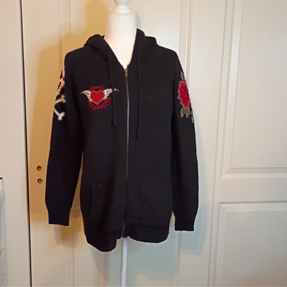 Torrid Black Full Zip Knit Hoodie Skull Rose Hearts Design Size Large